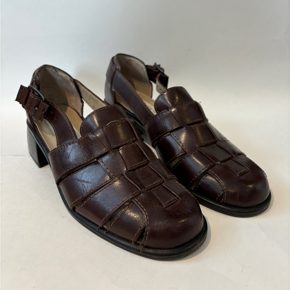 Vintage Jones New York Brown Fisherman Leather Sandal Heels
